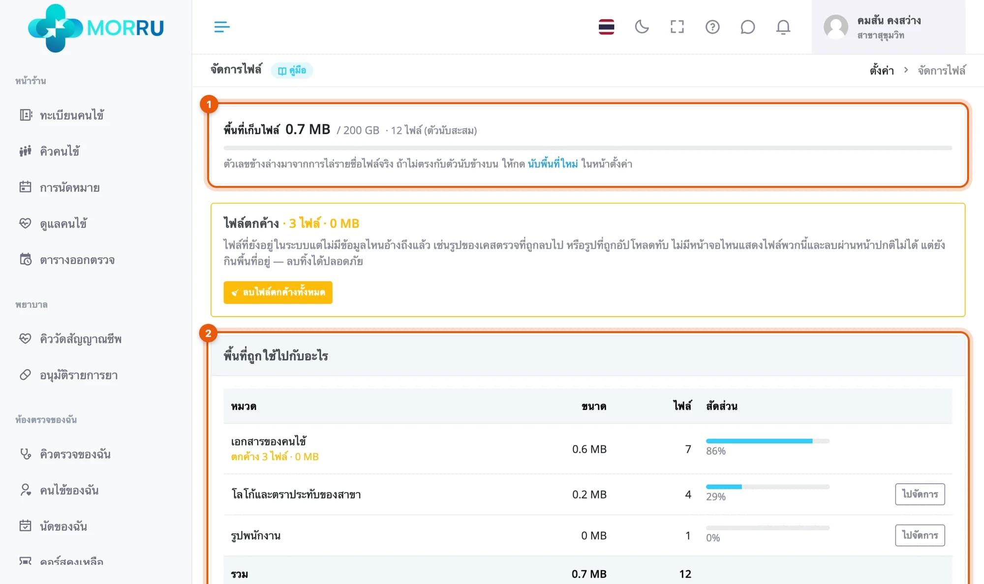 หน้าจัดการไฟล์ พื้นที่เก็บไฟล์ 0.7 MB จาก 200 GB 12 ไฟล์ การ์ดไฟล์ตกค้าง 3 ไฟล์ และตารางพื้นที่แยกตามหมวด