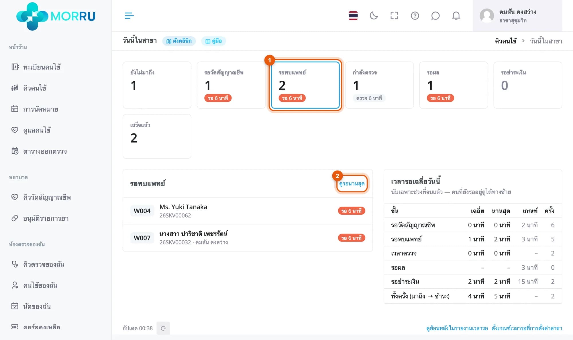 กดช่องรอพบแพทย์ รายชื่อแสดง W004 และ W007 วงที่ช่องรอพบแพทย์และปุ่มดูรอนานสุด